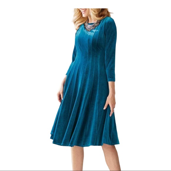 Midnight Velvet Teal Blue Stretchy Night Out Knee Length Office Party Dress - Picture 1 of 12